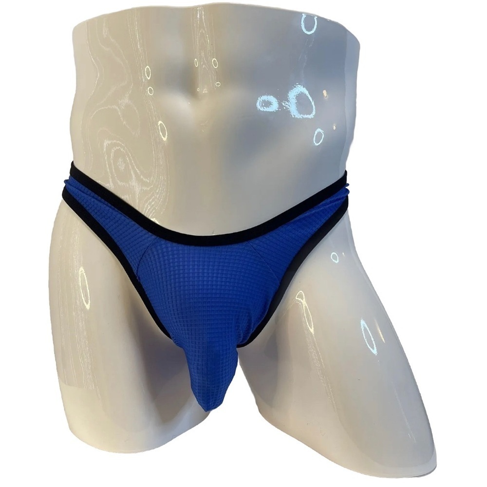 Mens Thong G-String Blue Black Medium Semi Sheer New With Tags